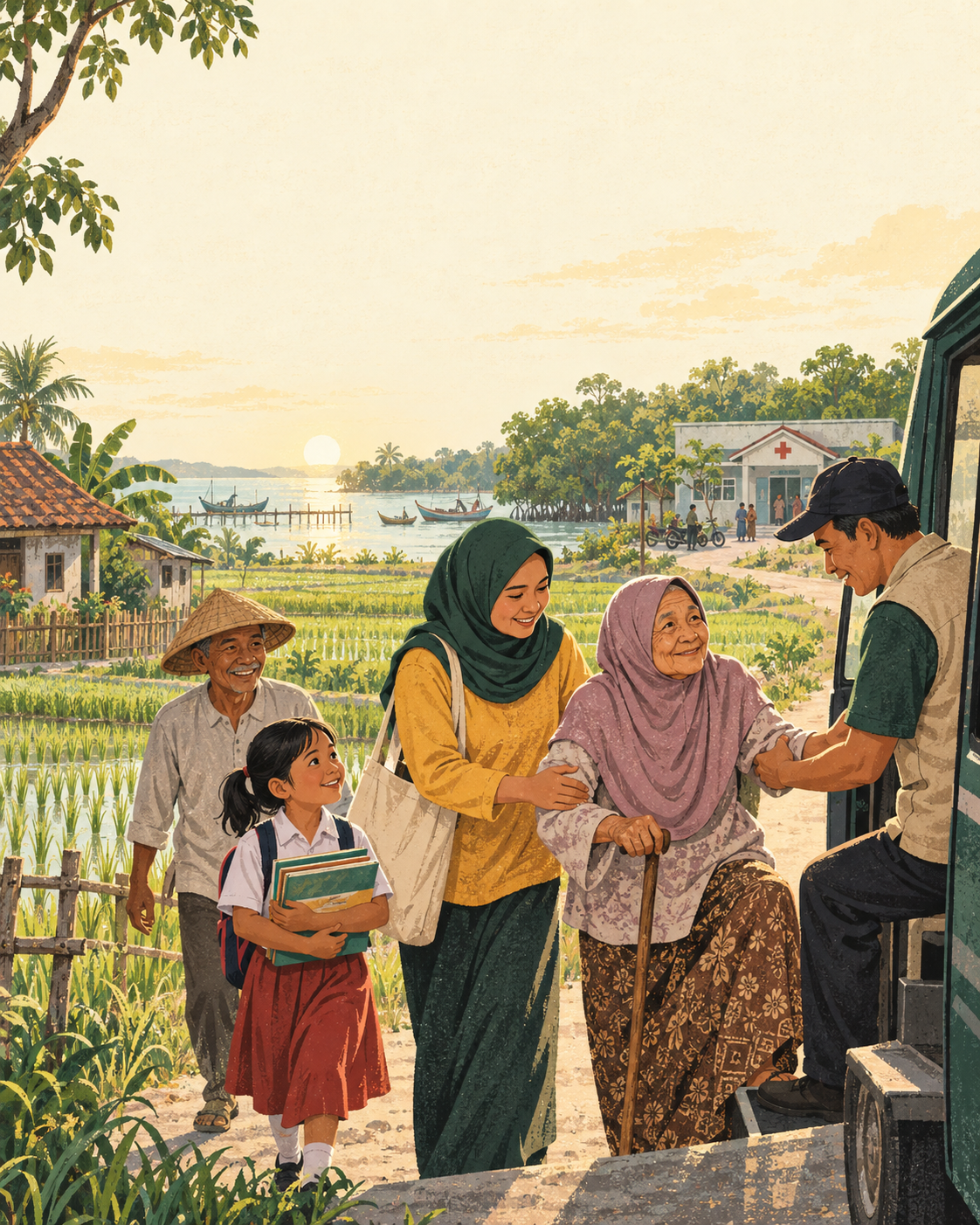 Ilustrasi warga desa saling membantu menuju layanan kesehatan dan sekolah
